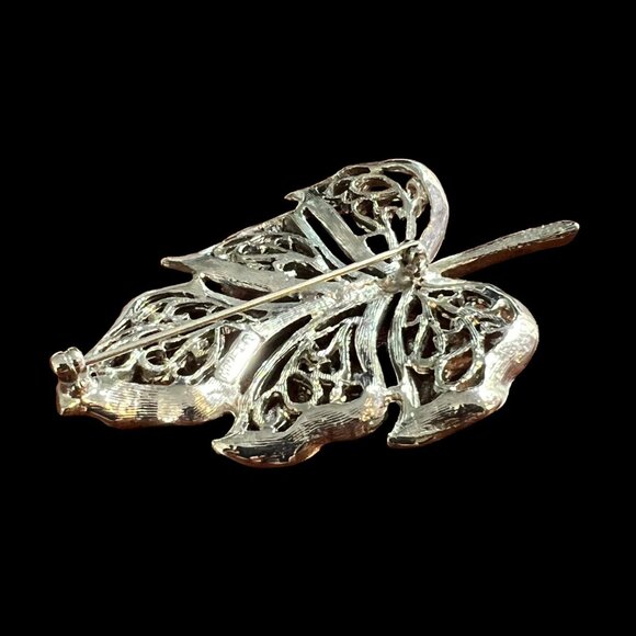 Monet Brooch Leave Brushed Silver Tone Filigree Swirl Vintage Pin - Picture 4 of 8